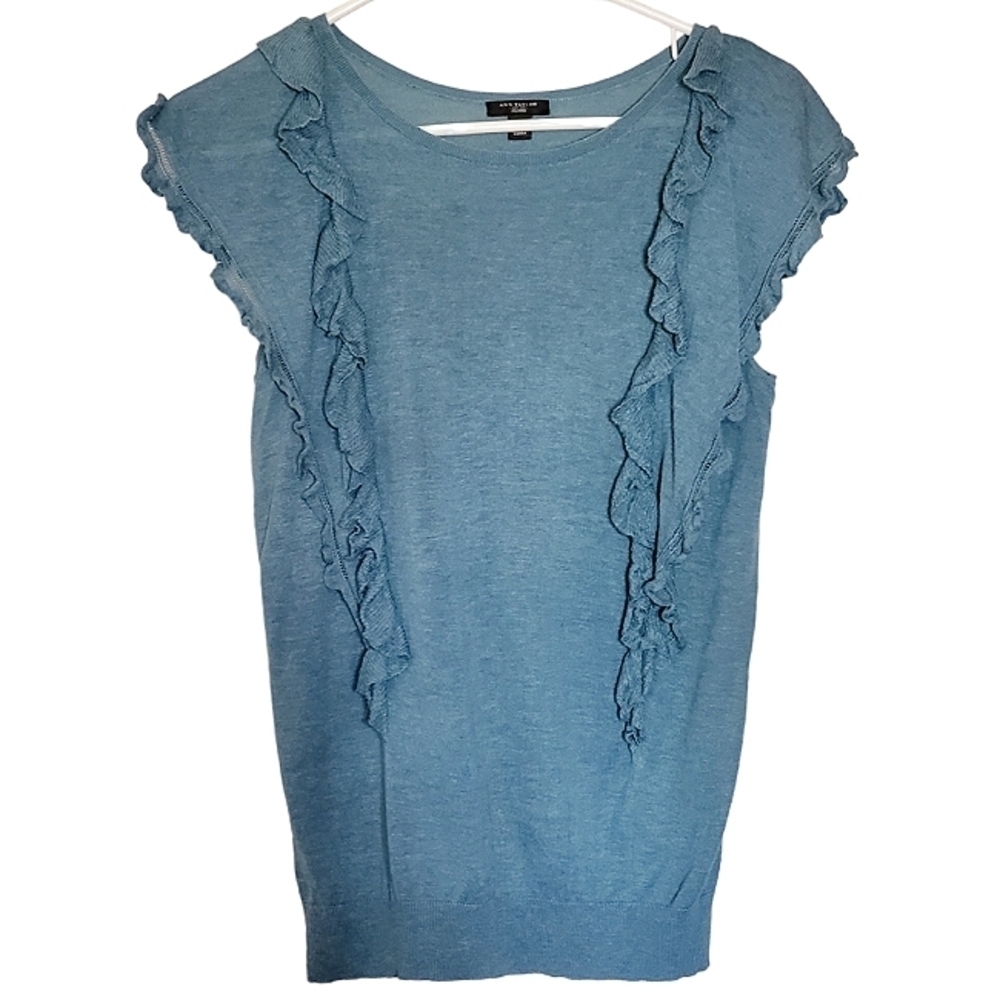 1532 * Ann Taylor Petite Silk Blend Ruffle Lightweight Sweater Blue Size MP